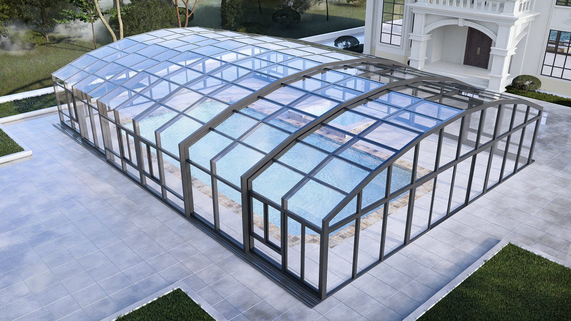 Retractable pool enclosure over a villa swimming pool